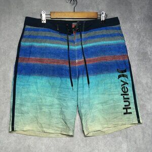 Hurley Mens Phantom Board Shorts size 32 Blue Striped Poly Stretch Lace Up
